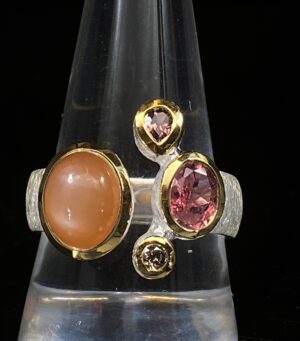 Prsten měsíční kámen, turmalín, diamant